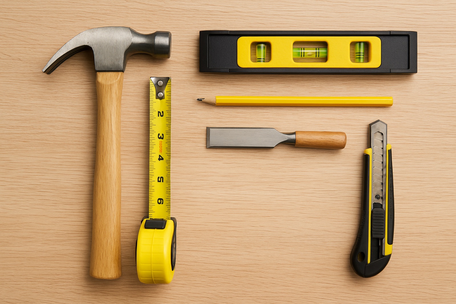 Carpentry tools laid out on a workbench — hammer, level, tape measure, and chisel